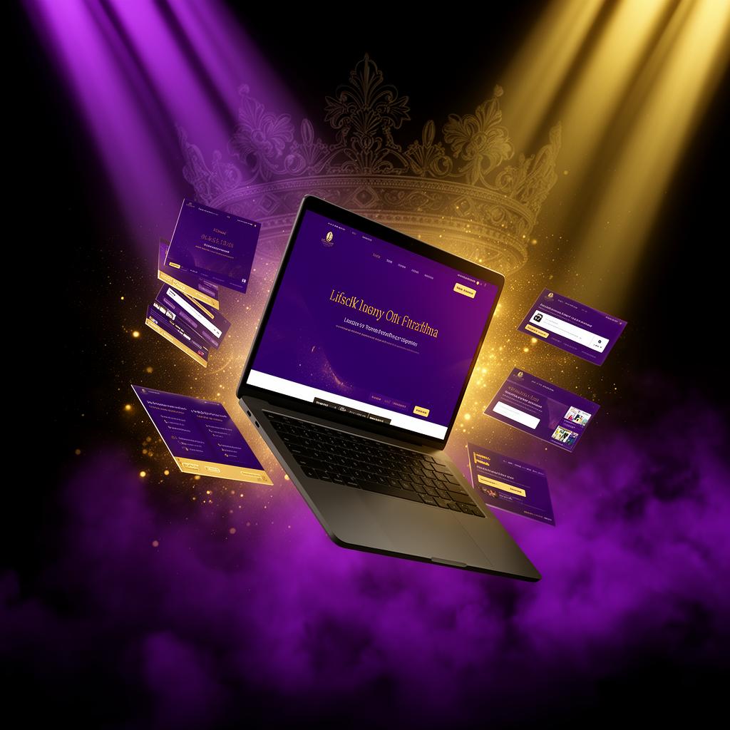 Premium royal purple website showcase floating with golden light